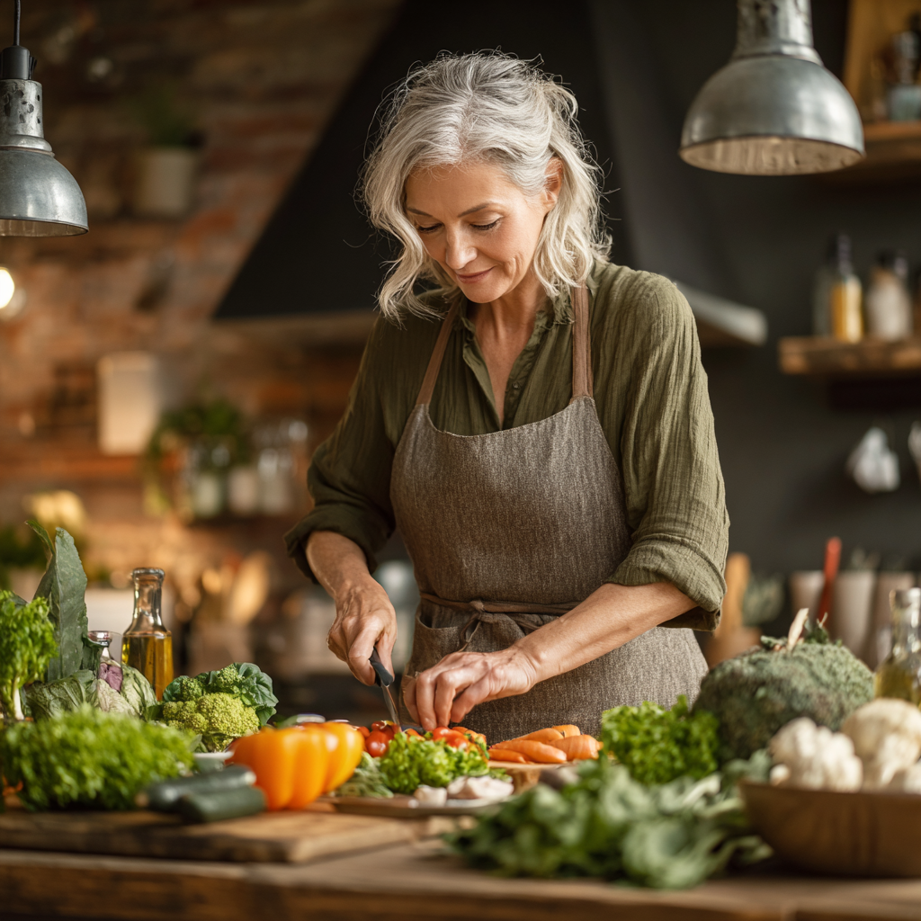 50 years old woman preparing healthy meal in kitchen