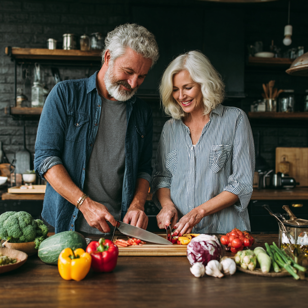 52 years old couple cooking healthy meal together in modern kitchen